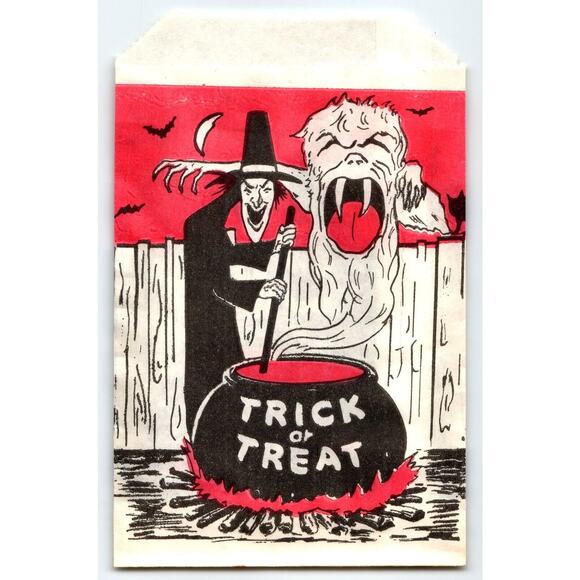 Halloween Vintage Trick Or Treat Goodie Bag Boogieman Witch Goblin Monster Moon - Picture 1 of 2